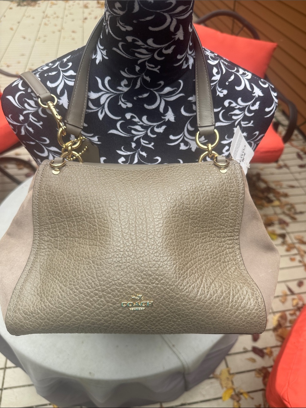 Coach Taupe ? gray two material suede & Leather Shoulder Bag w Gold Hardware nwt
